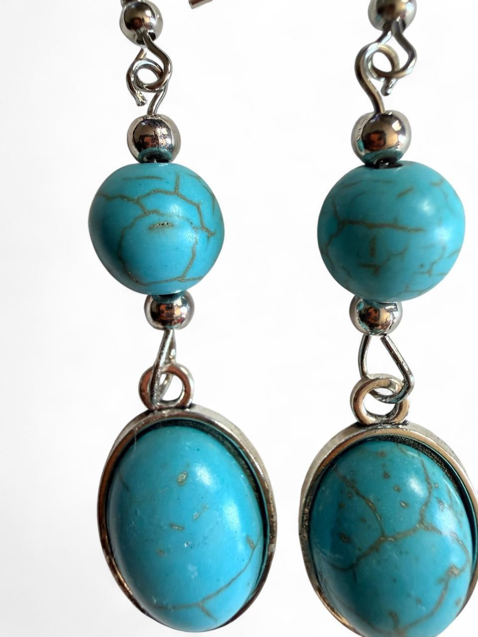 Handmade Turquoise Cabochon Dangle Earrings | Boho Silver Jewelry