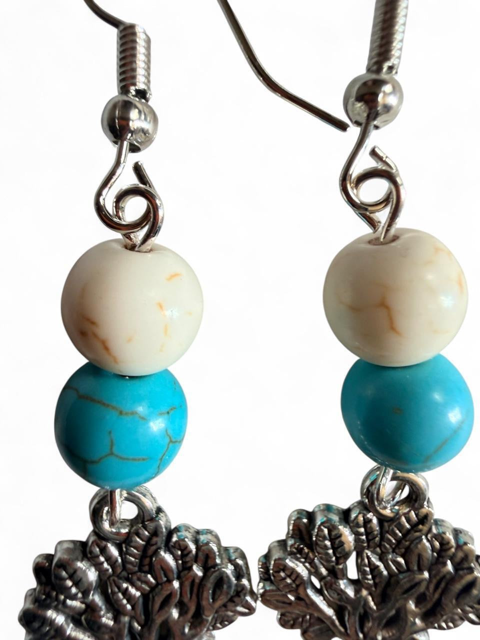 Tree of Life Dangle Earrings - White & Turquoise Bead
