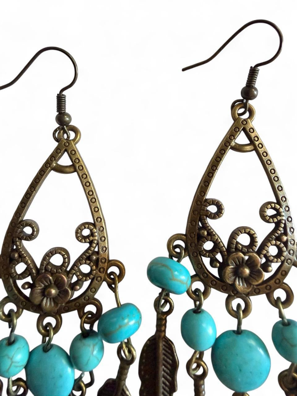 Dreamcatcher Feather Earrings - Turquoise & Antique Bronze - Handmade Boho Statement