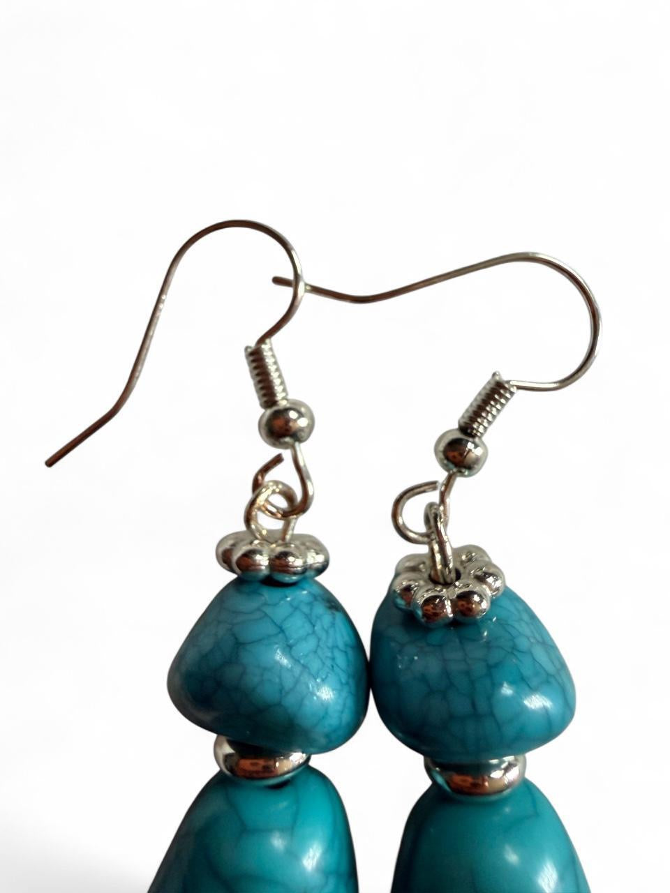 Chunky Turquoise Crackle Nugget Dangle Earrings - Boho Statement - Handmade