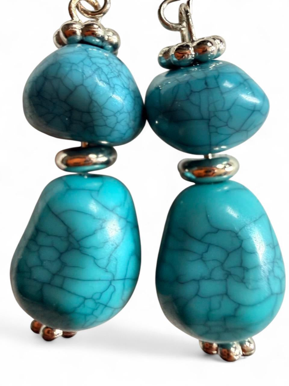 Chunky Turquoise Crackle Nugget Dangle Earrings - Boho Statement - Handmade