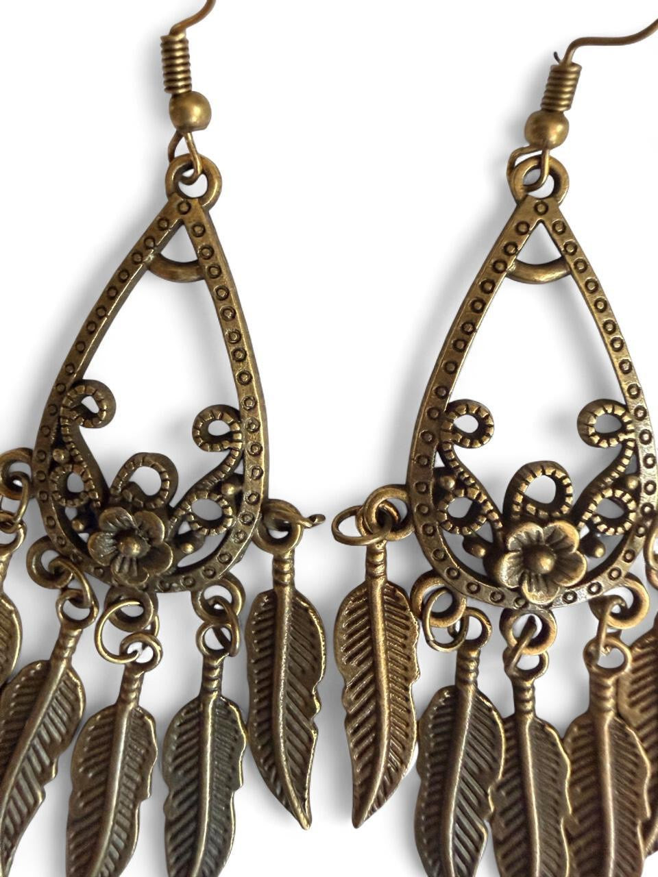 Harvest Souls – Bronze Teardrop Feather Cascade Earrings