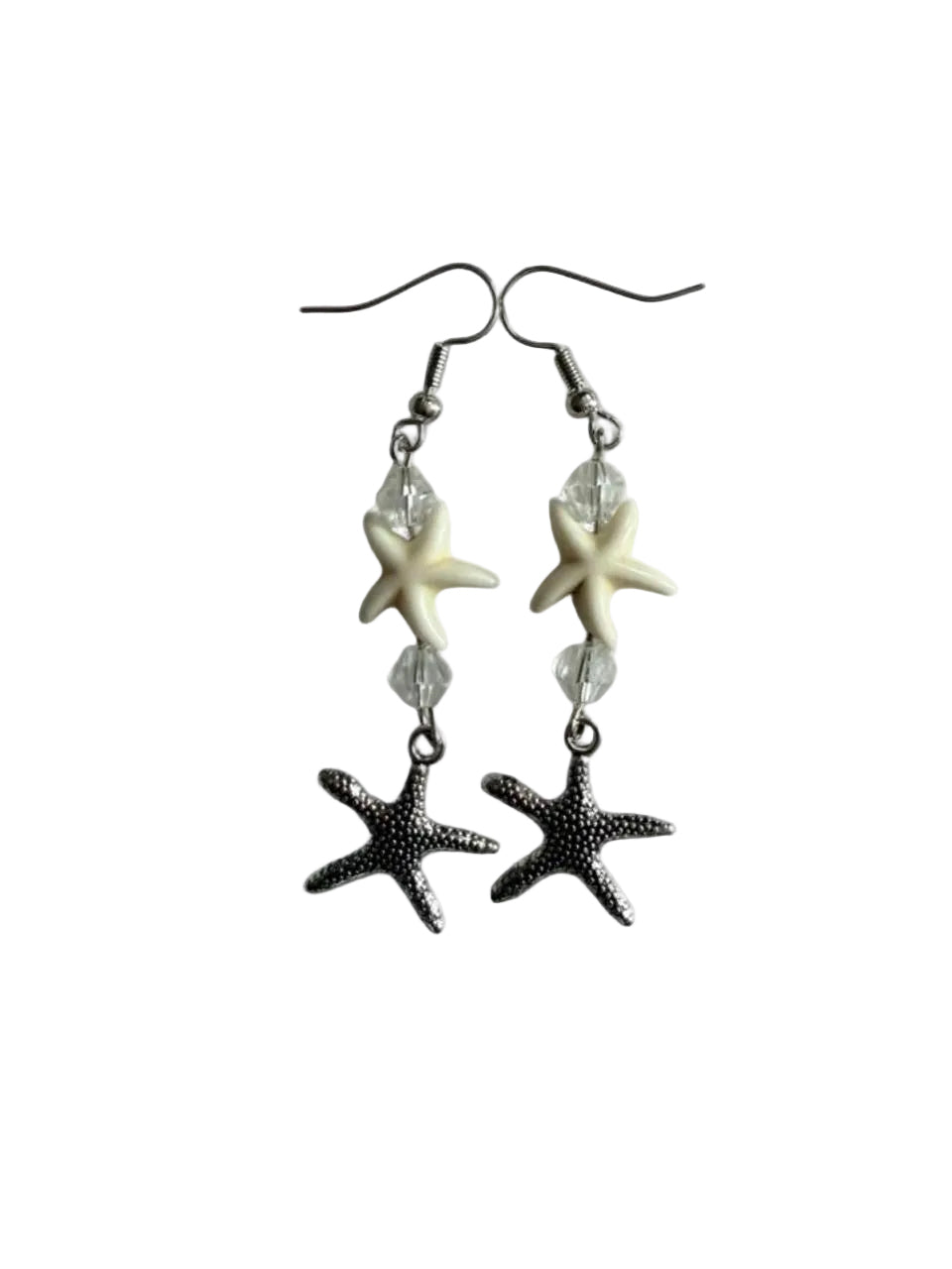 Handcrafted White Starfish & Shimmering Crystal Style Dangle Earrings