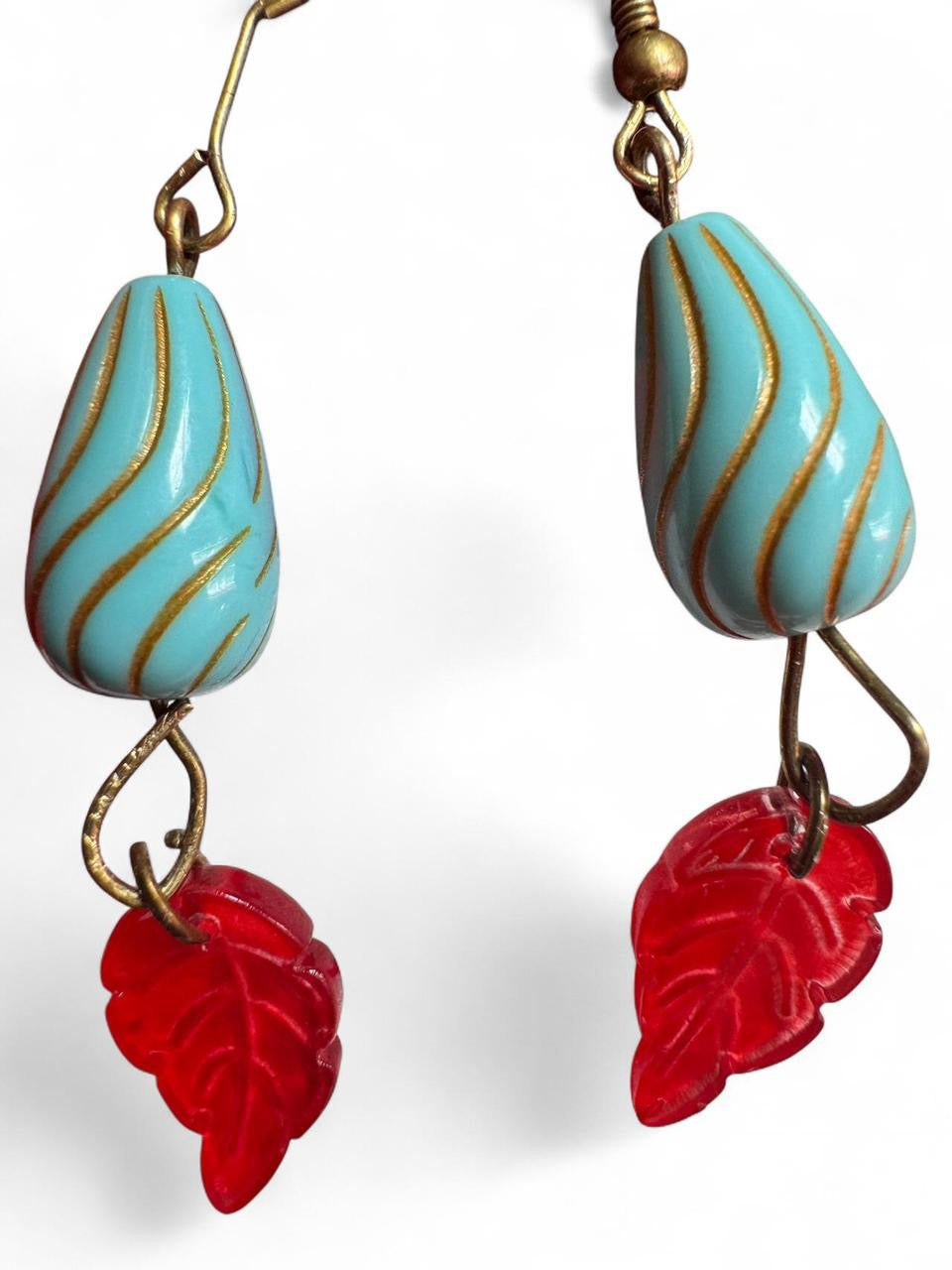 Turquoise Swirl Teardrop & Red Leaf Dangle Earrings – Handmade Boho Jewelry