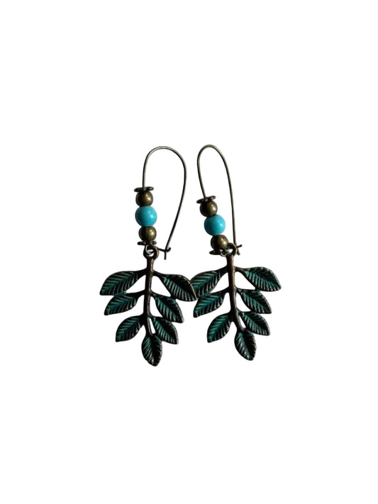 Green Leaf Earrings with Turquoise Bead