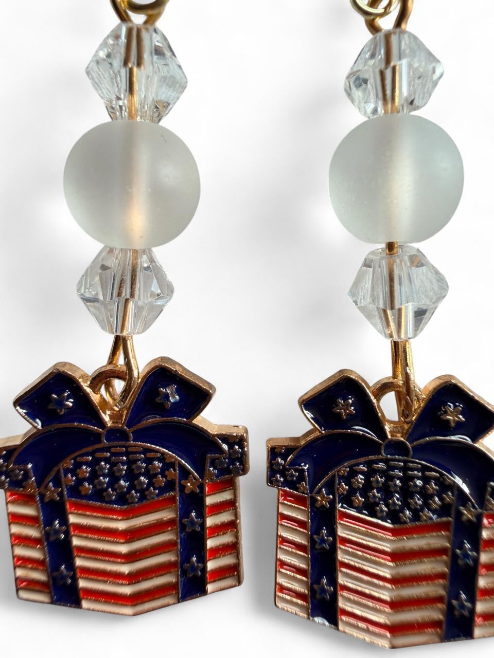 Handmade Patriotic American Flag Present Dangle Earrings | Holiday Gift Box Stacked Crystal Drops