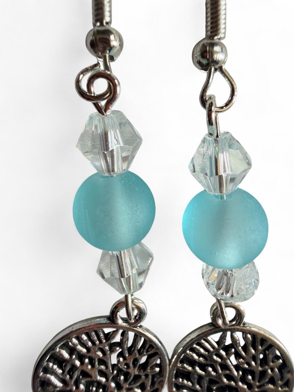 Tree of Life Dangle Earrings - Blue Frosted Bead