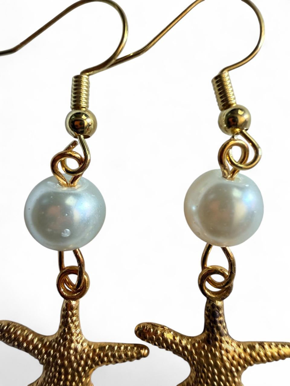 Handcrafted Gold Starfish & Pearl Style Dangle Earrings