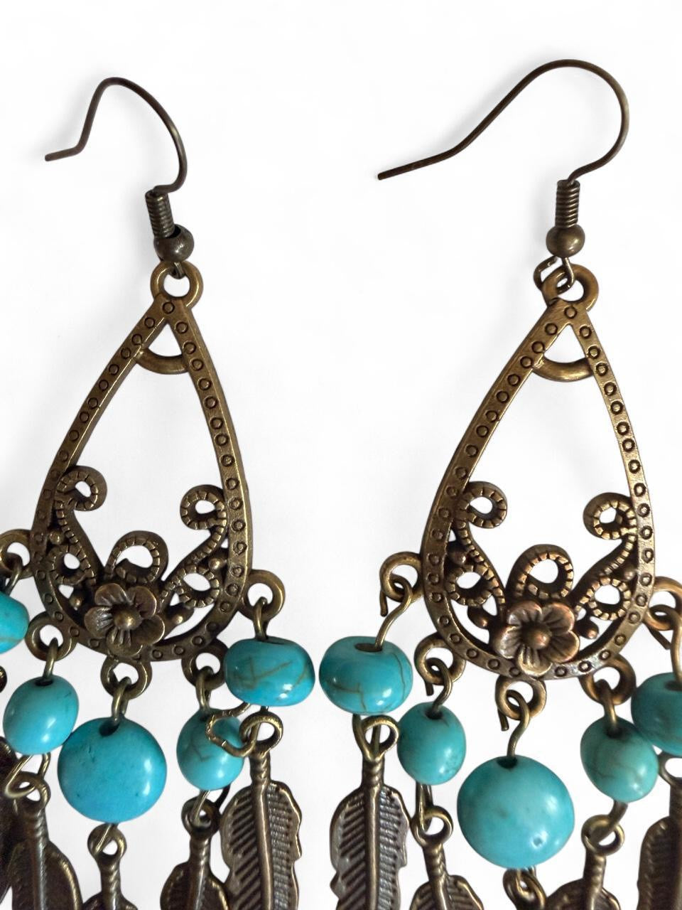 Harvest Souls – Turquoise Teardrop & Feather Cascade Earrings