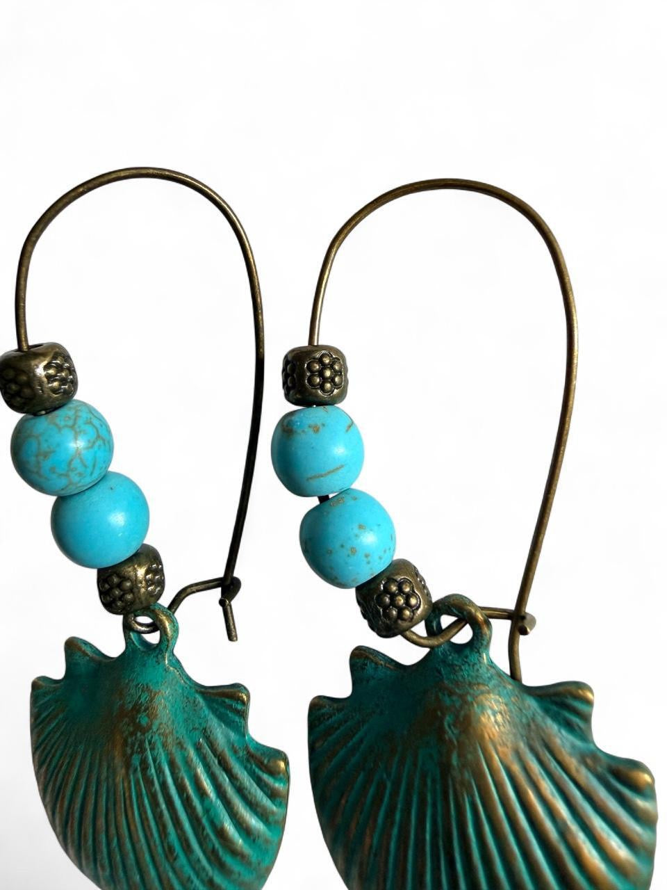Handcrafted Verdigris Patina Seashell & Turquoise Beaded Hoop Dangle Earrings
