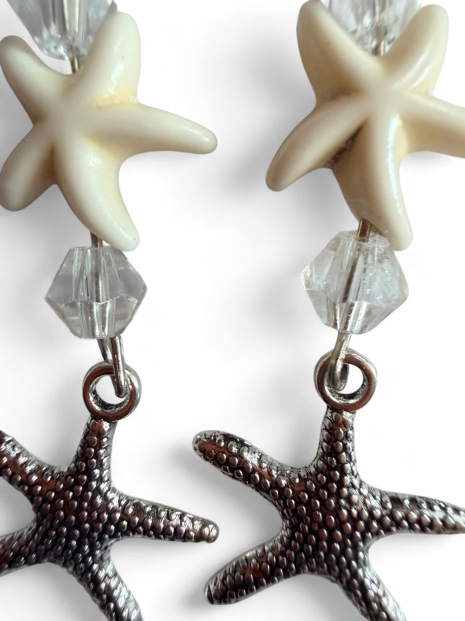 Handcrafted White Starfish & Shimmering Crystal Style Dangle Earrings