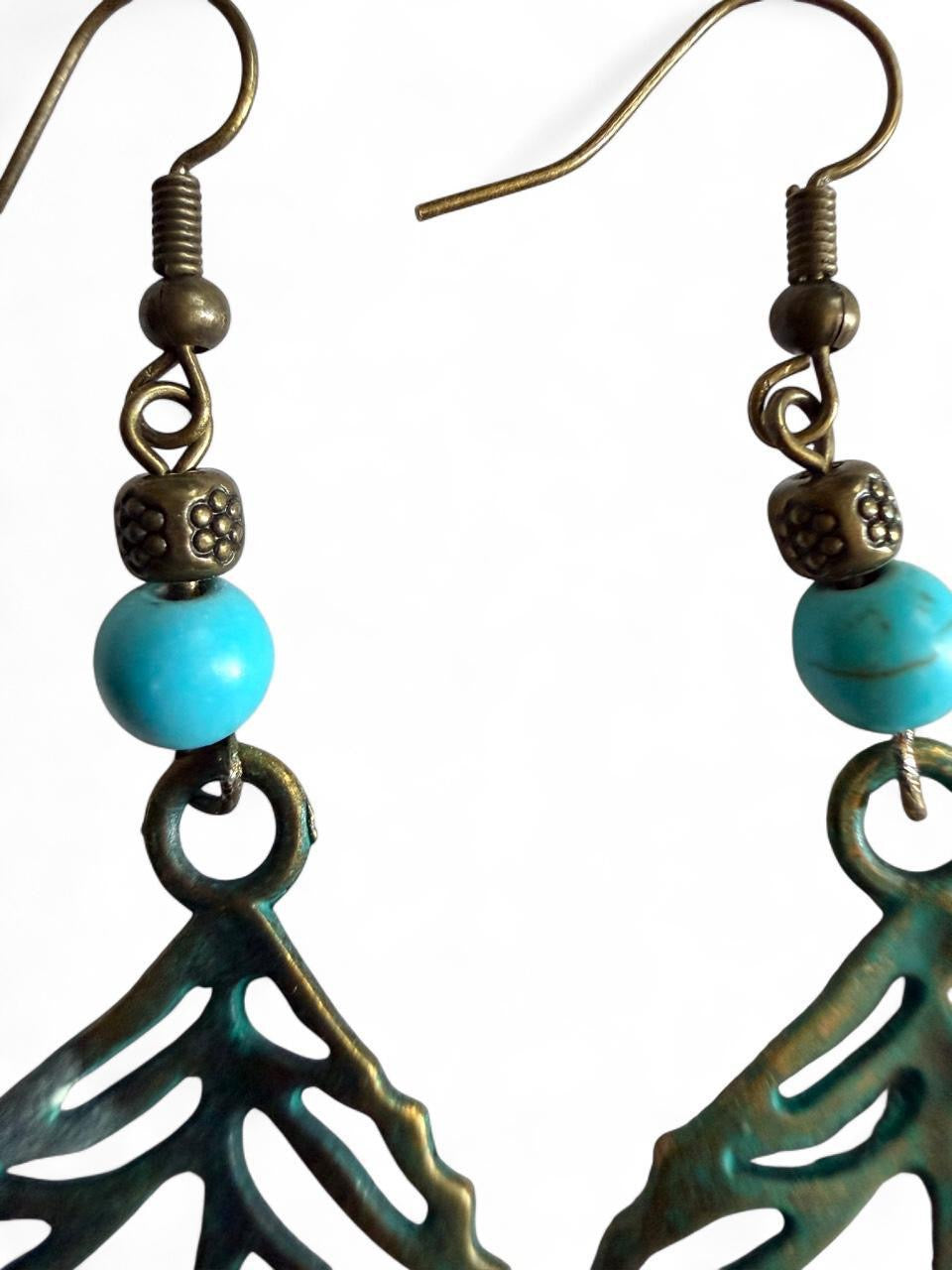 Harvest Verdigris Leaf Earrings | Green Patina Leaf Dangle Earrings | Turquoise Accent | The Harvest Souls Collection