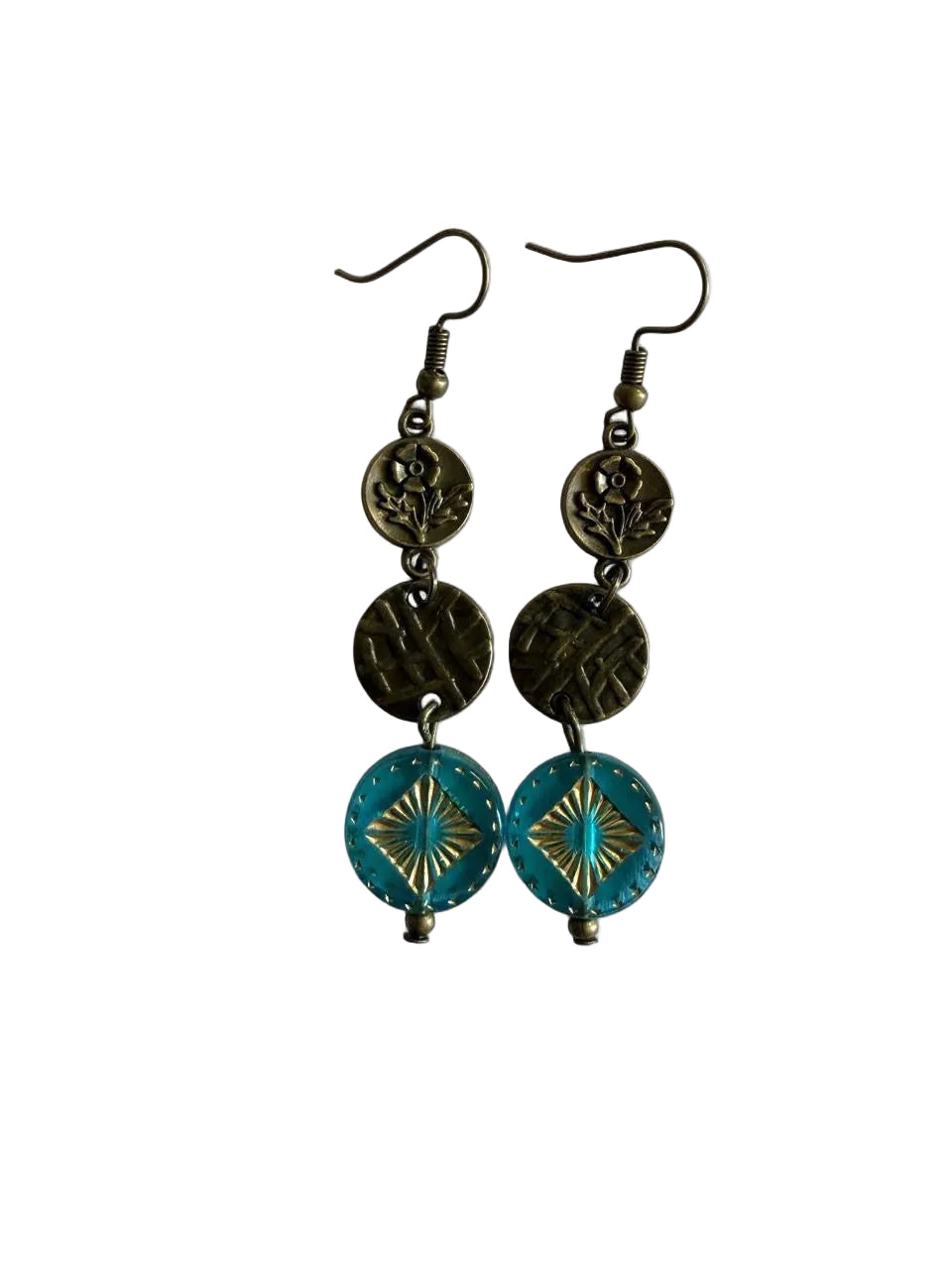 Product Title: Handmade Vintage-Inspired Bronze Floral & Aqua Blue Dangle Earrings