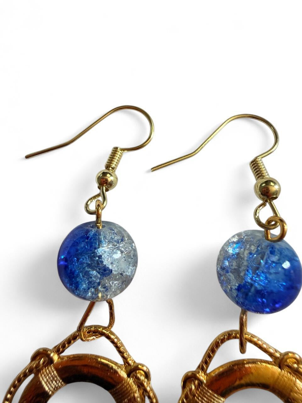 End of Summer Americana Gold Life Ring Earrings - Blue Crackle Nautical Dangle