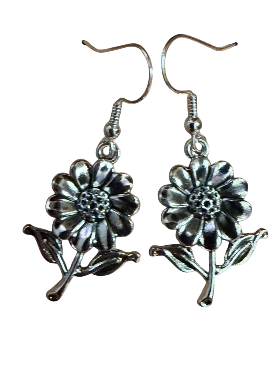 Handmade Silver Flower Drop Earrings | Botanical Daisy Style Dangles