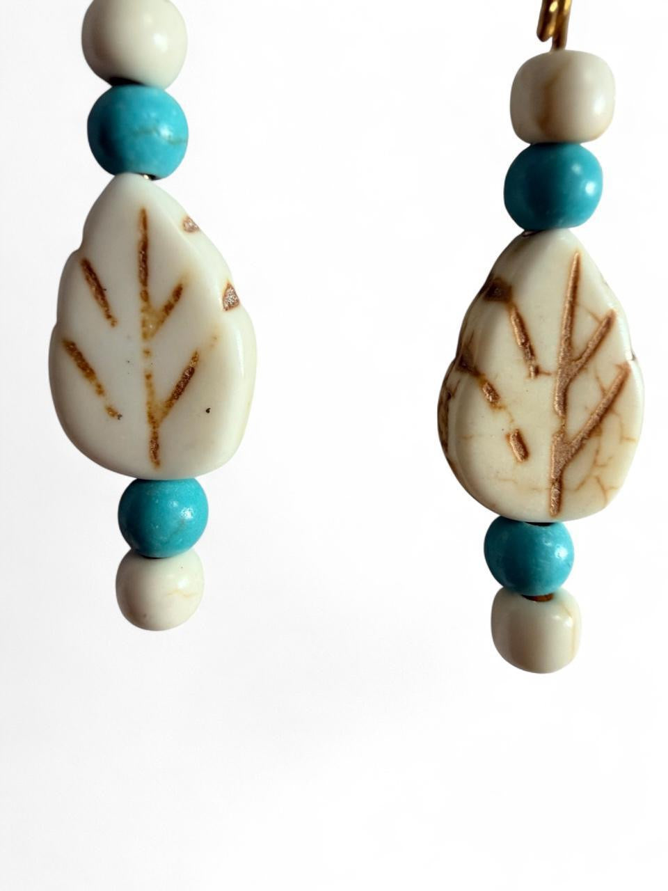 Handmade Turquoise & White Leaf Beaded Dangle Earrings