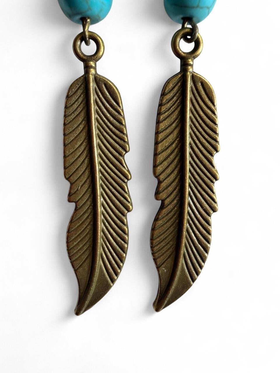 Handmade Turquoise & Brass Feather Dangle Earrings