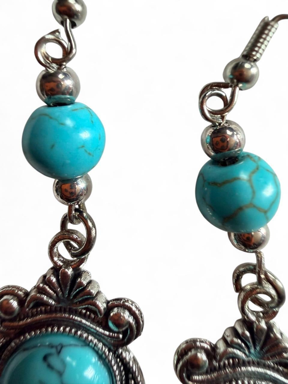 Boho Turquoise Dangle Earrings | Ornate Silver Frame Western Style