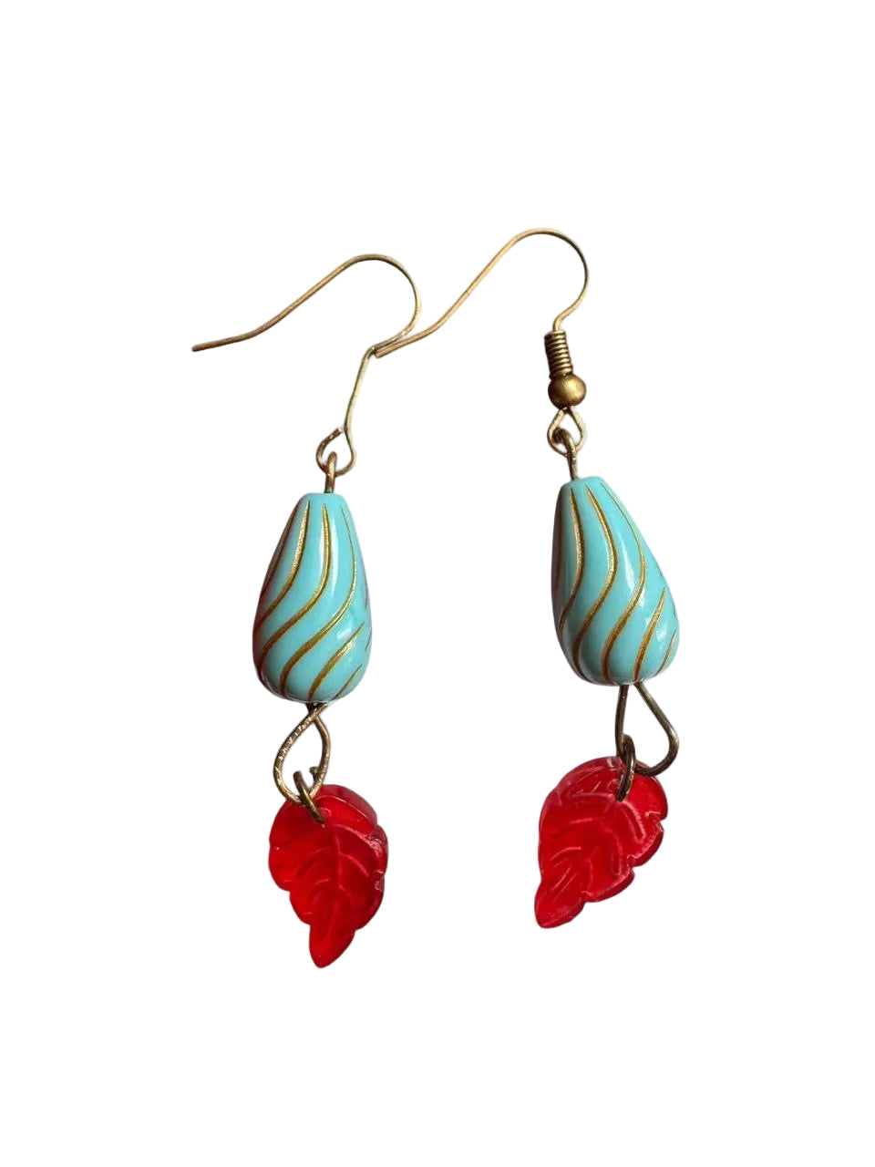 Turquoise Swirl Teardrop & Red Leaf Dangle Earrings – Handmade Boho Jewelry