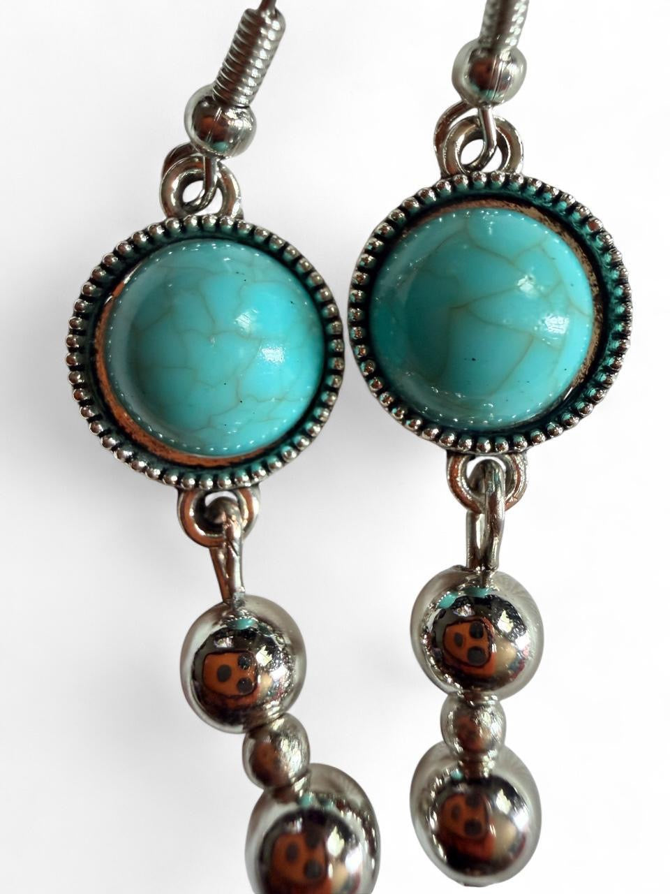 Turquoise Style Cabochon Dangle Earrings | Boho Silver Beaded Jewelry