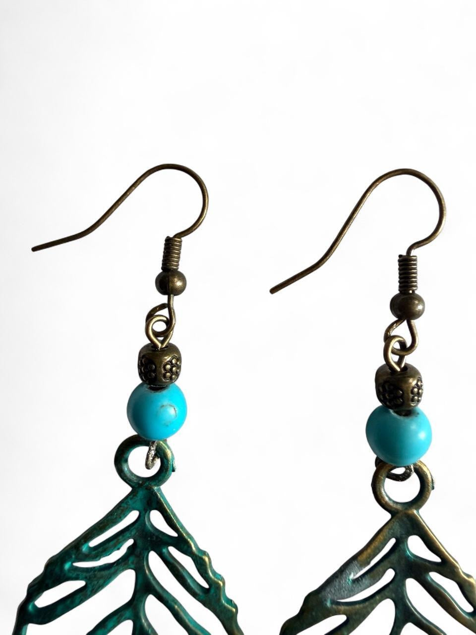 Handmade Verdigris Patina Bronze Leaf Dangle Earrings with Turquoise Accents