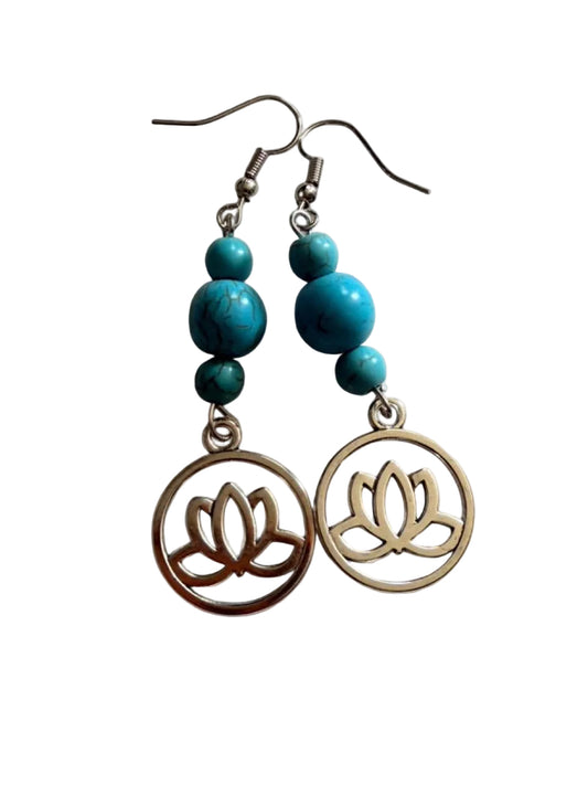 Handmade Turquoise Beaded Dangle Earring, Boho Style, Silver-Tone Lotus Charm, Nickel-Free Hooks