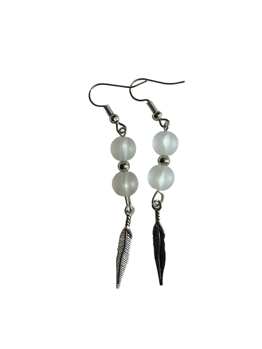Handmade Frosted Feather Drop Earrings