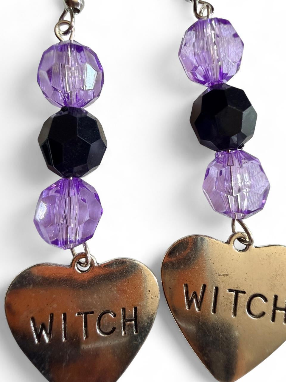 Boo-tiful Witch Heart Earrings | Stamped WITCH Heart Dangle Earrings | Purple & Black Beaded Halloween Earrings | Boo-tiful Souls Collection
