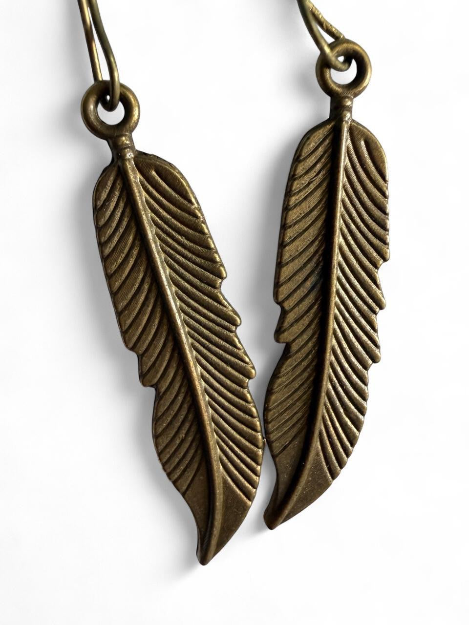 Handmade Bronze Feather Turquoise Beaded Dangle Earrings