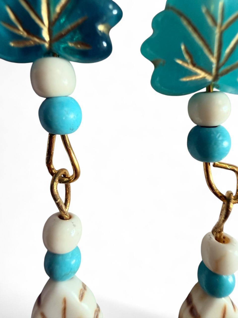 Handmade Turquoise & White Leaf Beaded Dangle Earrings