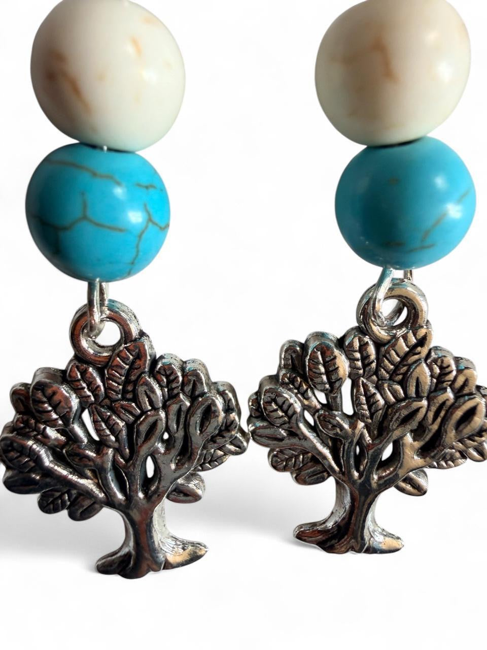 Tree of Life Dangle Earrings - White & Turquoise Bead