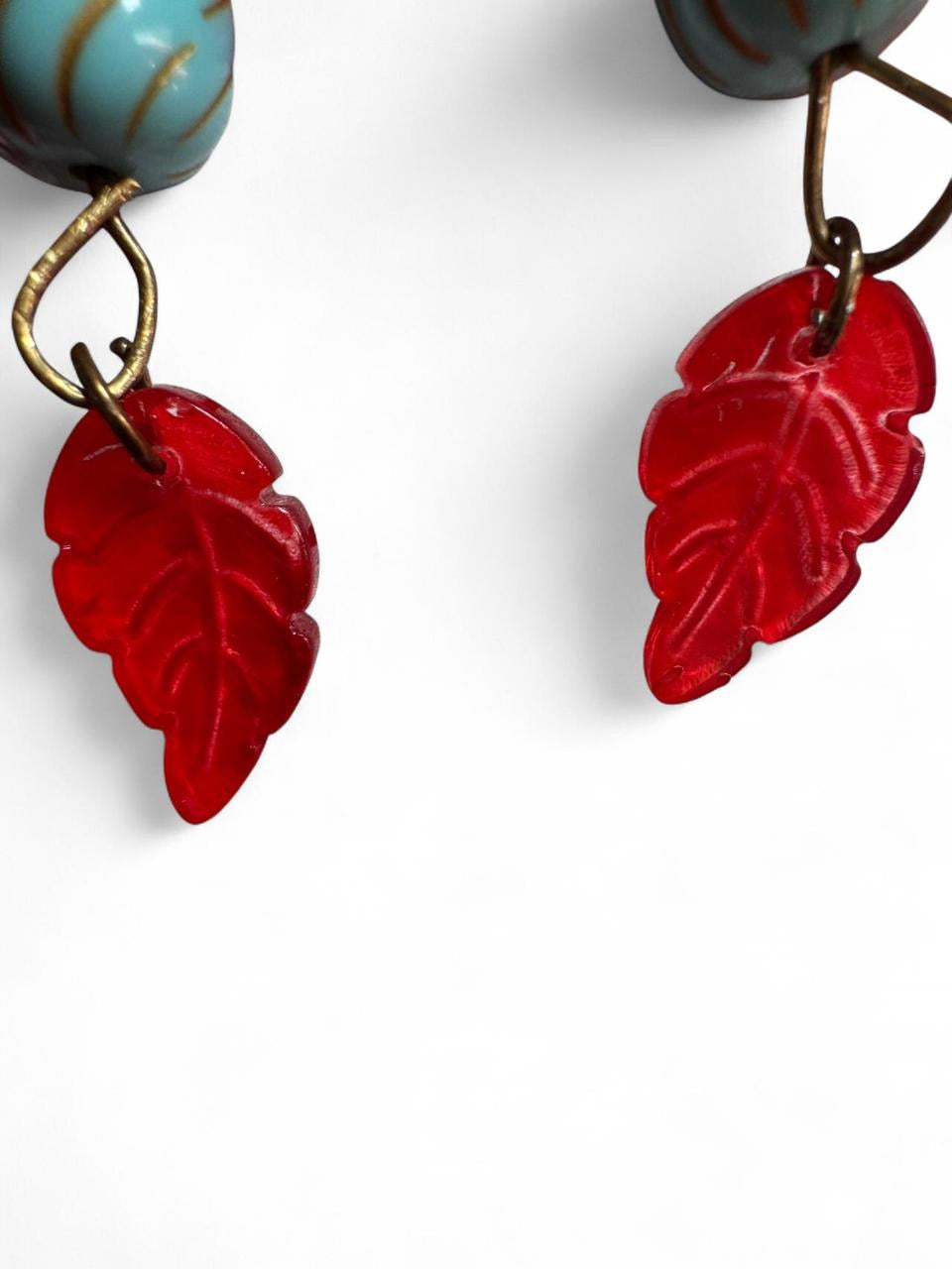 Turquoise Swirl Teardrop & Red Leaf Dangle Earrings – Handmade Boho Jewelry