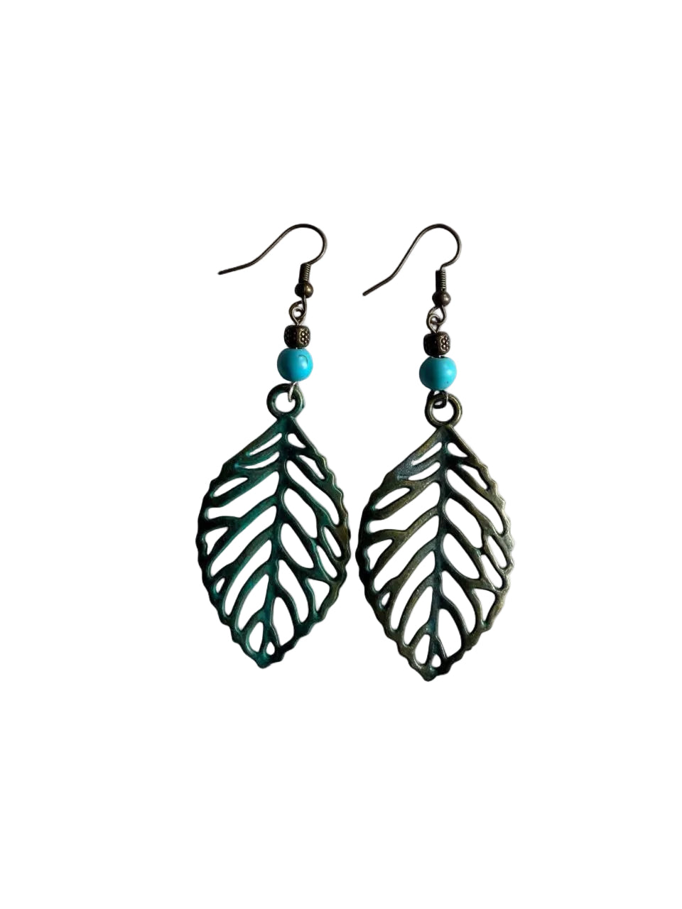 Handmade Verdigris Patina Bronze Leaf Dangle Earrings with Turquoise Accents