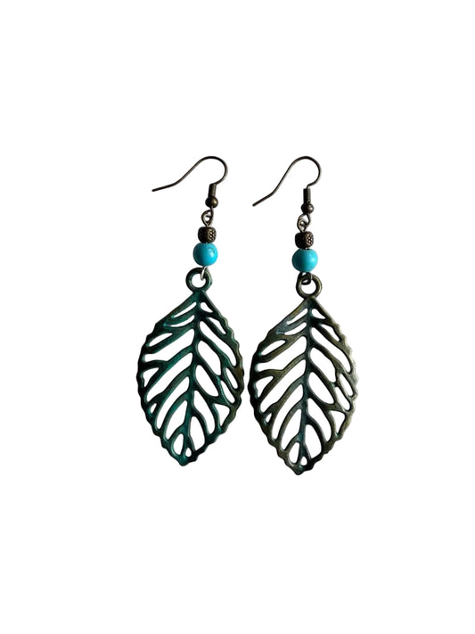 Handmade Verdigris Patina Bronze Leaf Dangle Earrings with Turquoise Accents