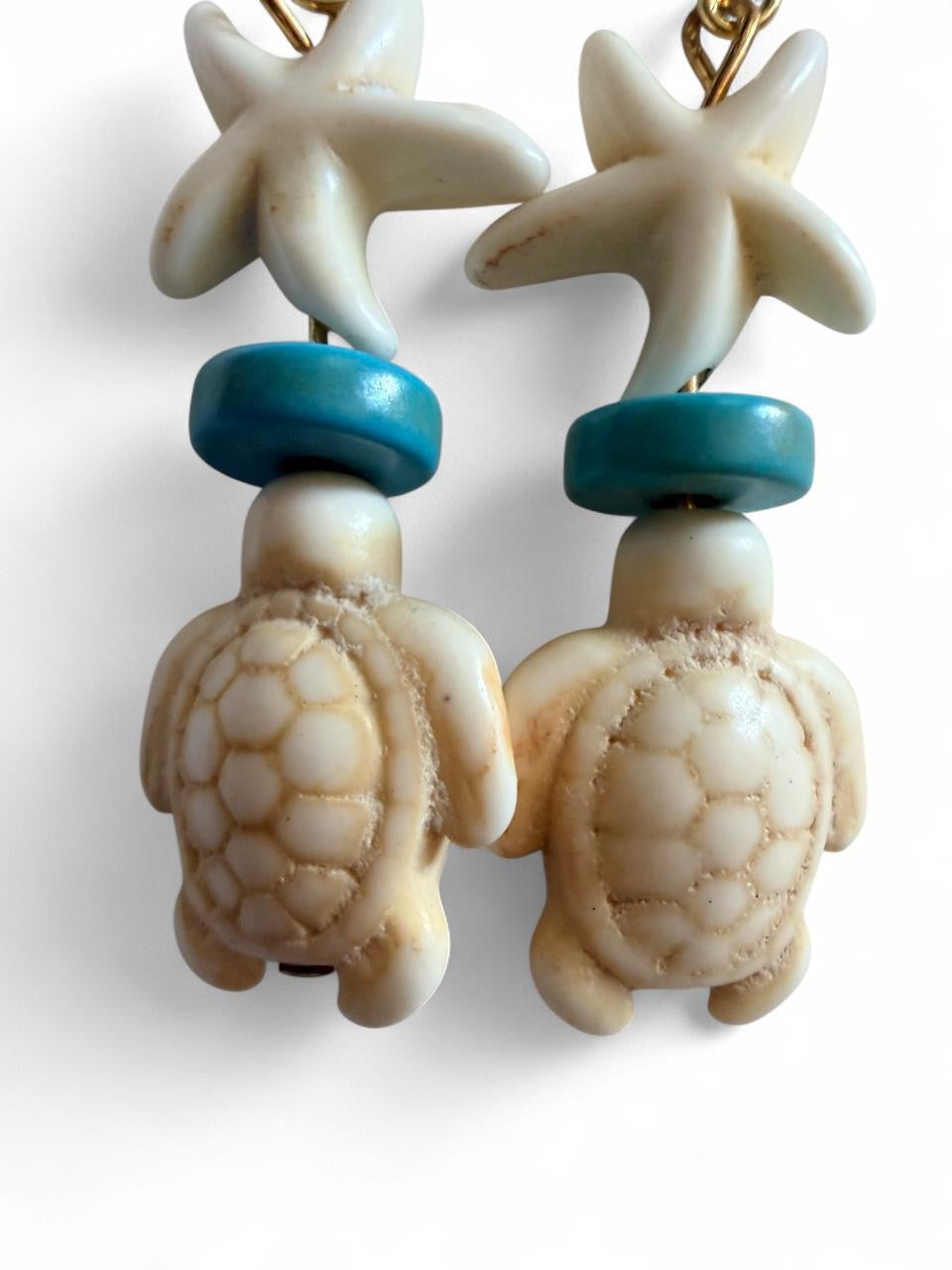 Handcrafted Cream Starfish & Sea Turtle Beaded Dangle Earrings