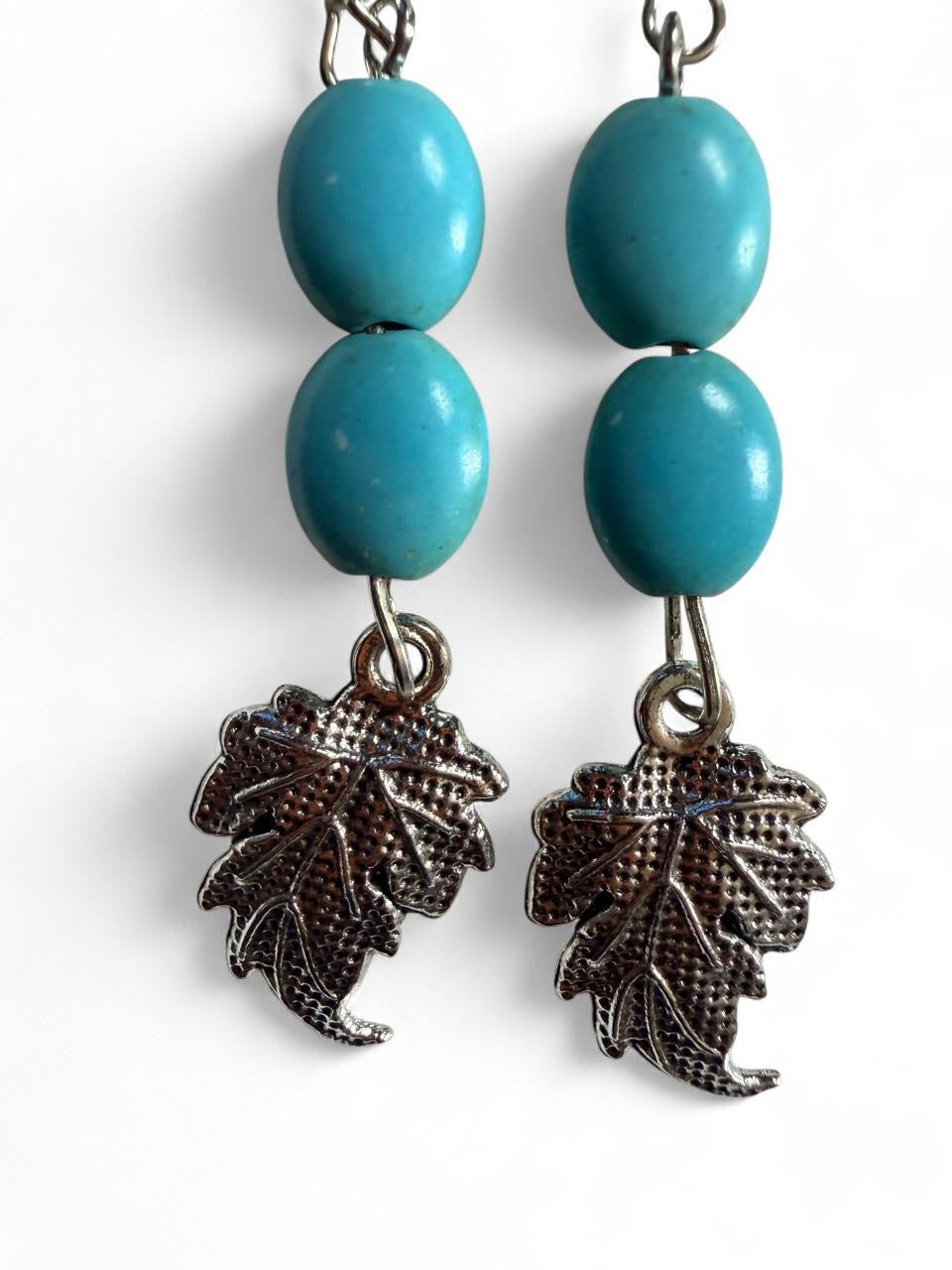 Handmade Turquoise Bead & Leaf Dangle Earrings