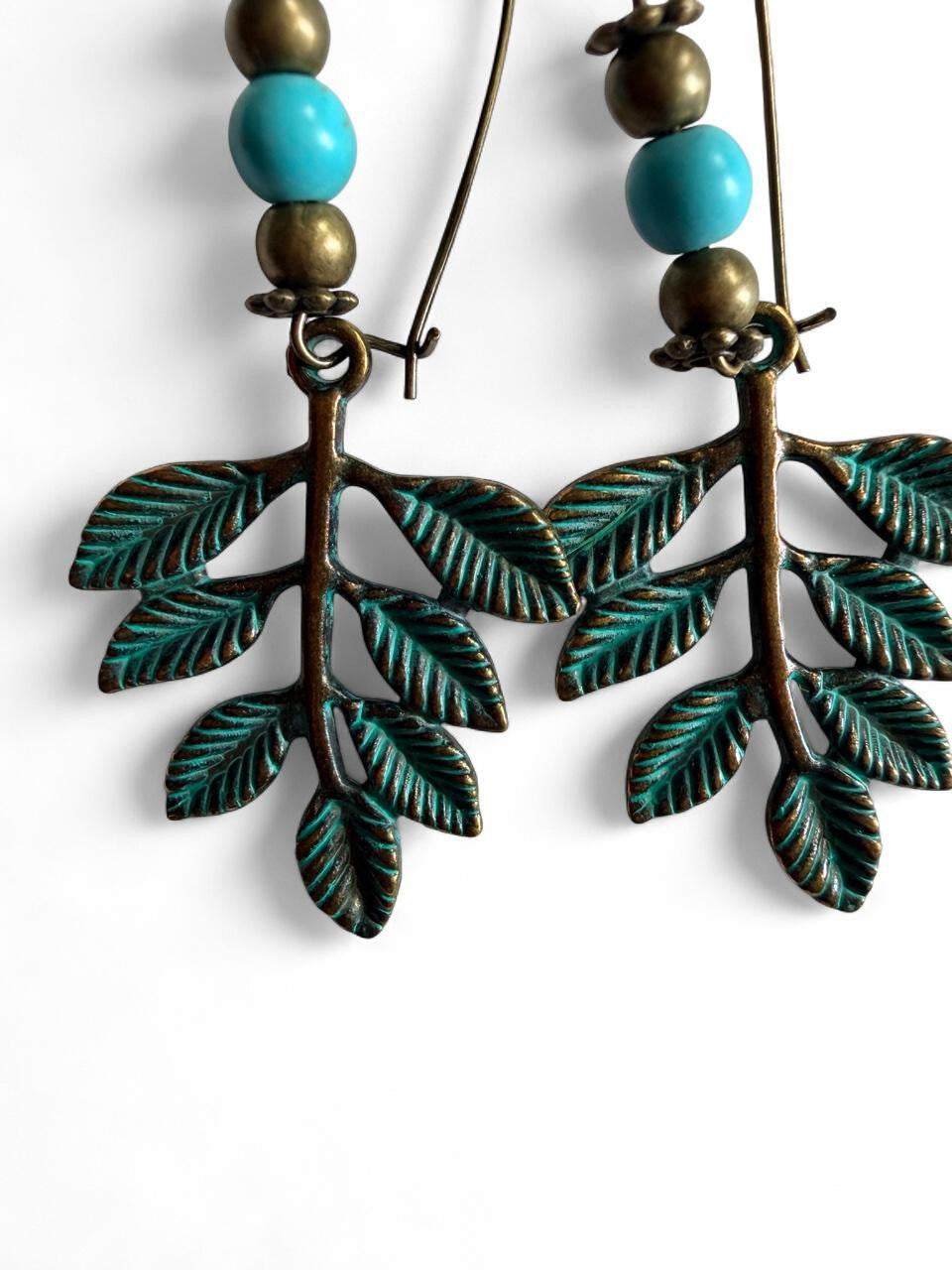 Green Leaf Earrings with Turquoise Bead