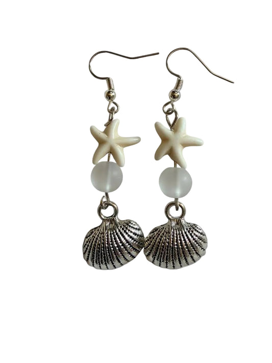 Handcrafted White Starfish & Seashell Dangle Earrings