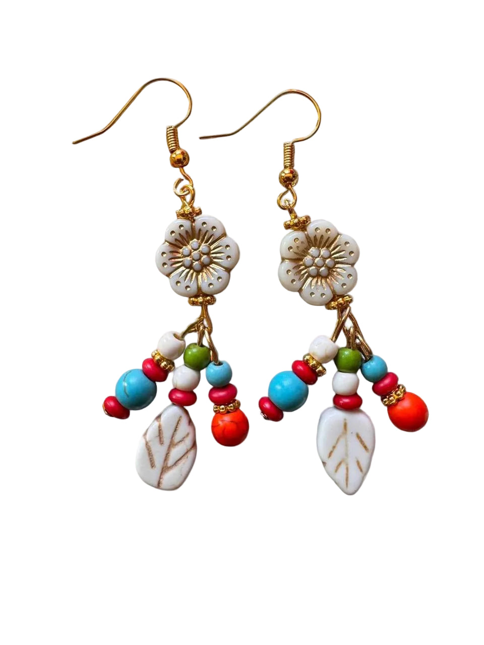 Handmade Colorful Boho Flower & Leaf Beaded Dangle Earrings – Gold Tone