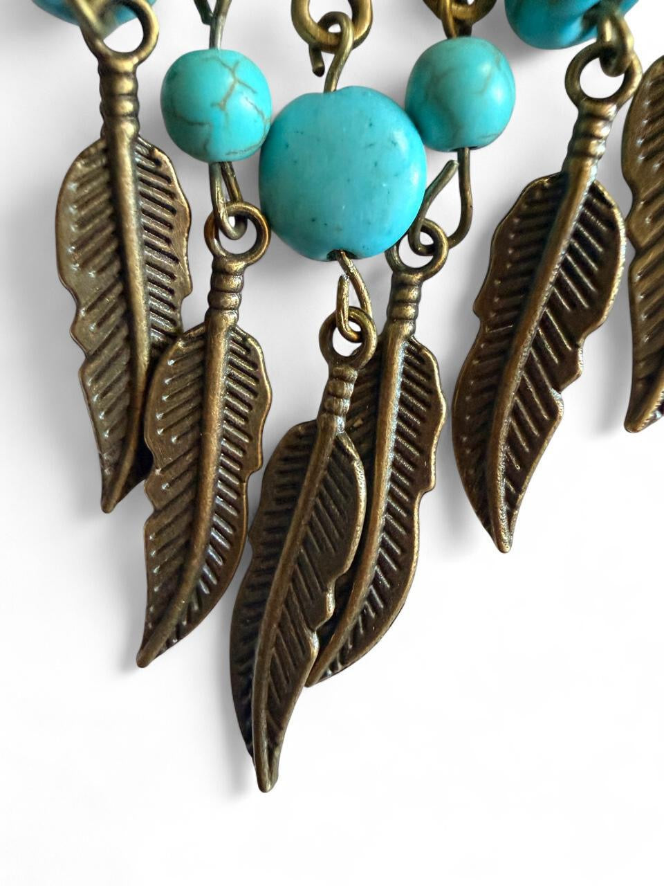 Dreamcatcher Feather Earrings - Turquoise & Antique Bronze - Handmade Boho Statement