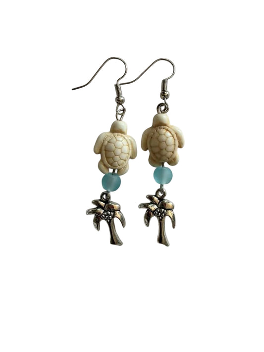 Handcrafted Coastal Sea Turtle & Palm Tree Dangle Earrings