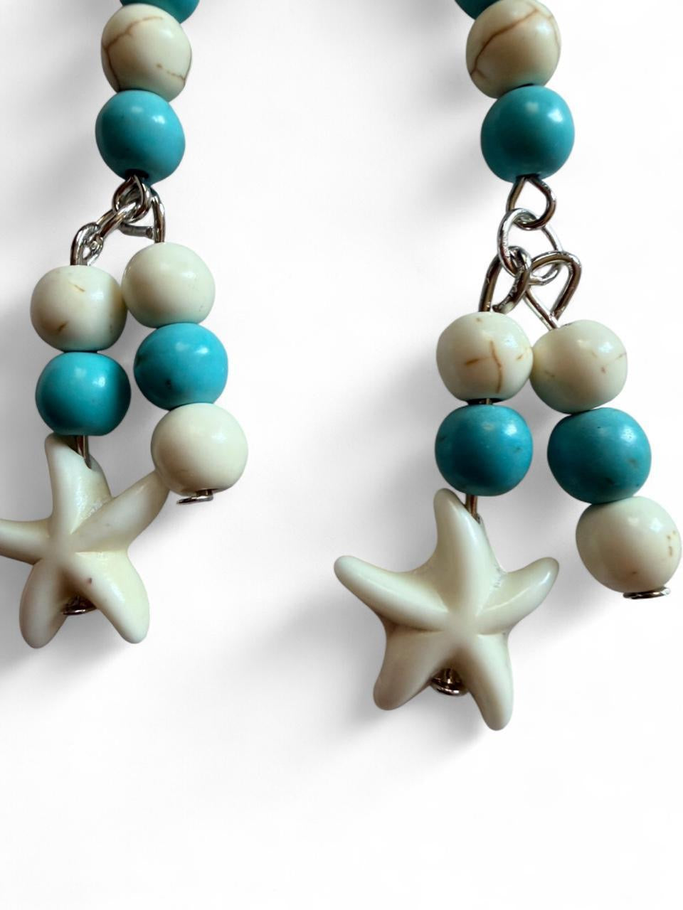 Handcrafted Turquoise & Cream Marbled Beaded Starfish Chandelier Dangle Earrings