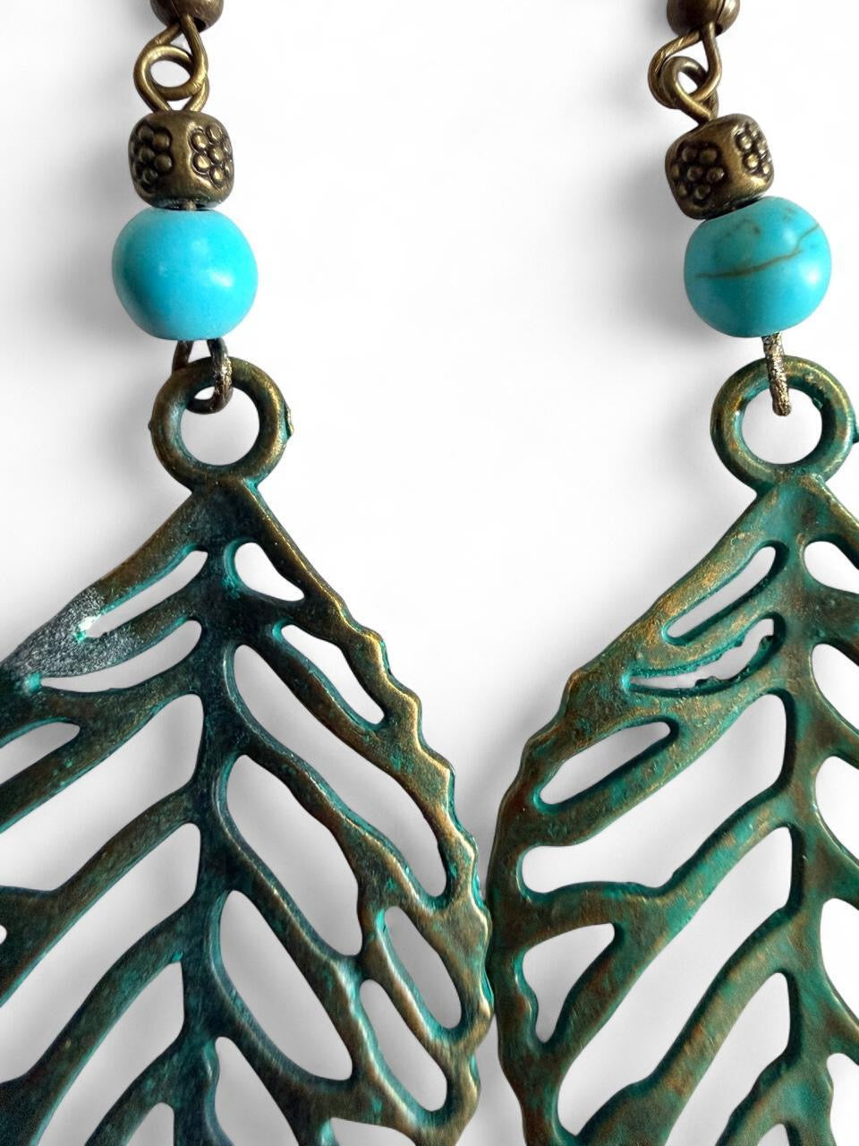 Harvest Verdigris Leaf Earrings | Green Patina Leaf Dangle Earrings | Turquoise Accent | The Harvest Souls Collection