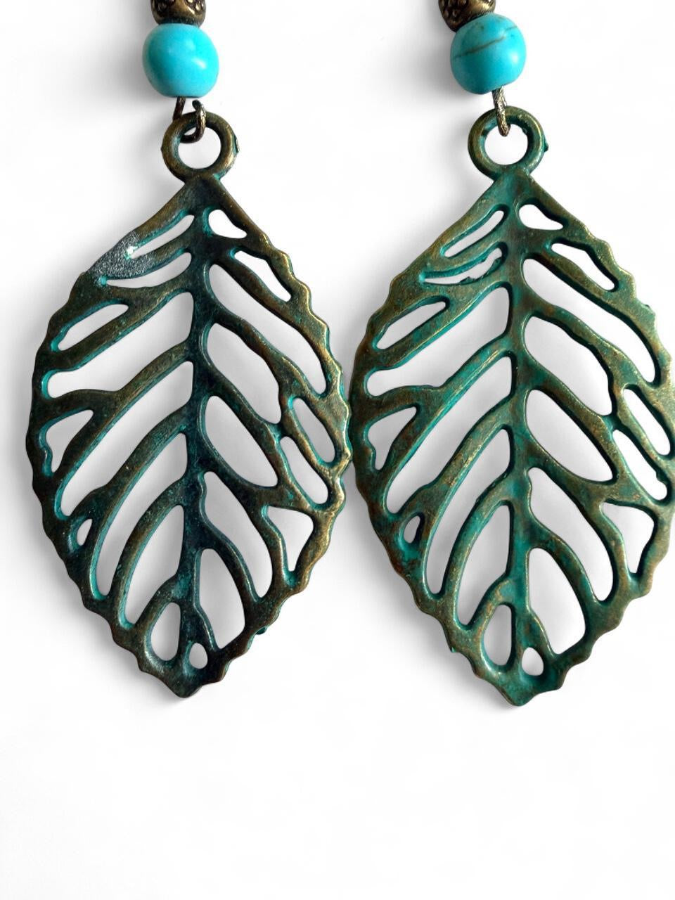 Harvest Verdigris Leaf Earrings | Green Patina Leaf Dangle Earrings | Turquoise Accent | The Harvest Souls Collection
