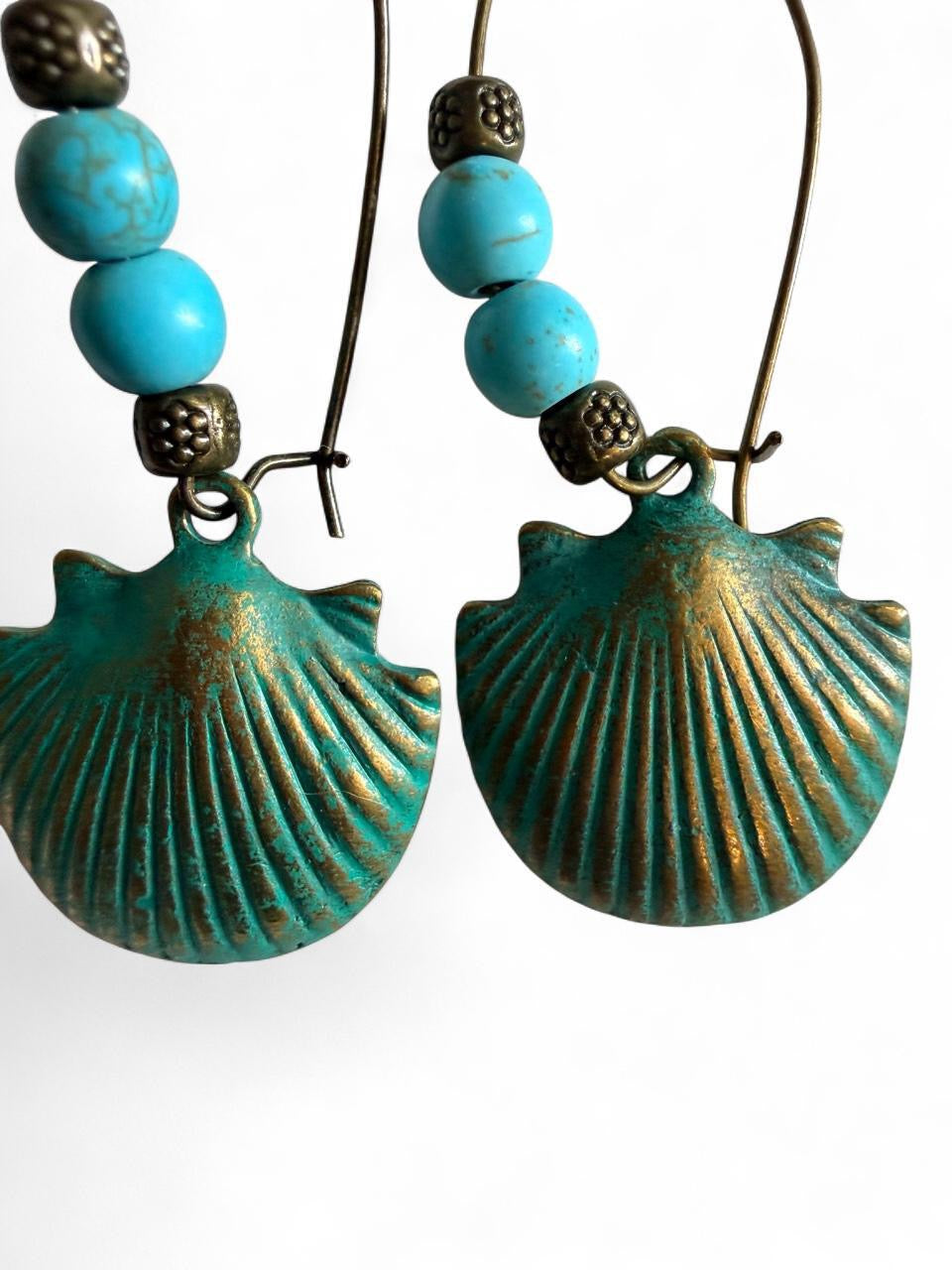 Handcrafted Verdigris Patina Seashell & Turquoise Beaded Hoop Dangle Earrings