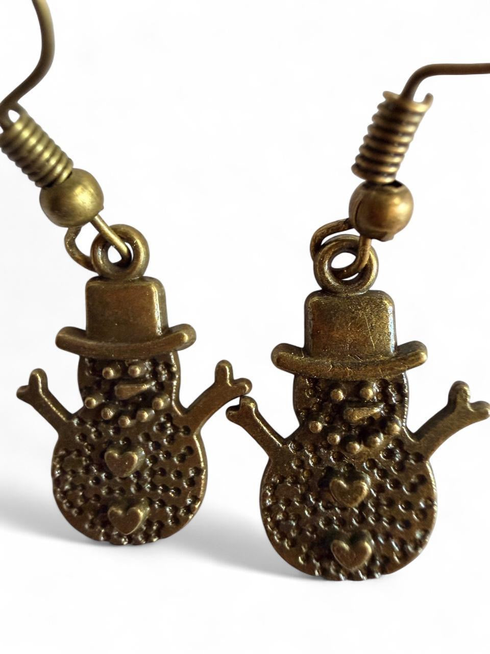 Handmade Bronze Snowman Earrings – Cute Winter Holiday Jewelry