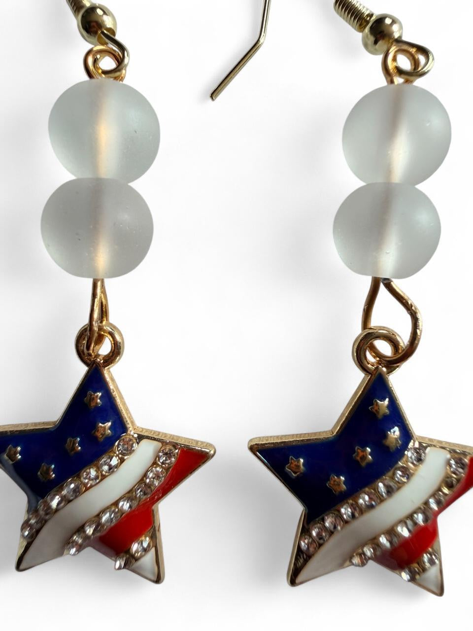 Handmade Patriotic Rhinestone Flag Star Earrings | Frosted Glass Bead Americana Drops