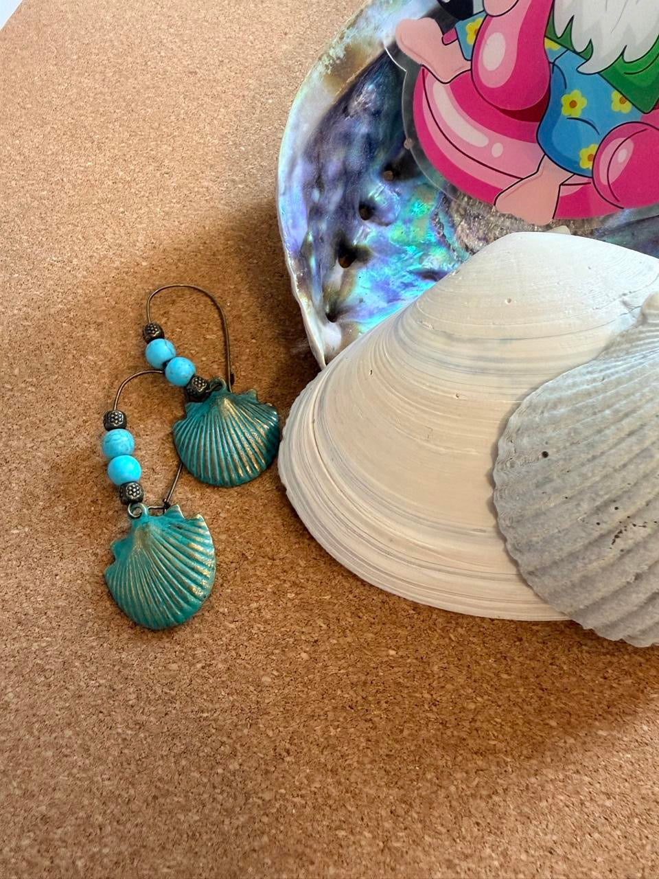 Handcrafted Verdigris Patina Seashell & Turquoise Beaded Hoop Dangle Earrings