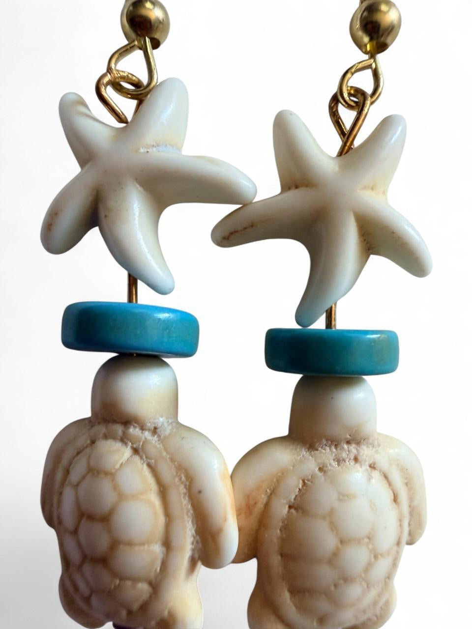 Handcrafted Cream Starfish & Sea Turtle Beaded Dangle Earrings
