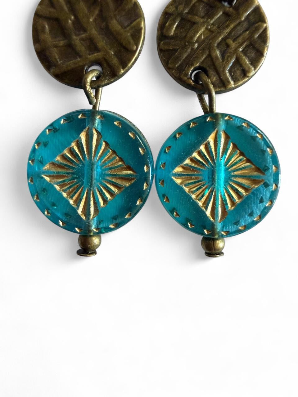 Product Title: Handmade Vintage-Inspired Bronze Floral & Aqua Blue Dangle Earrings